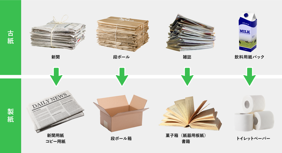 古紙の種類と紙製品の例